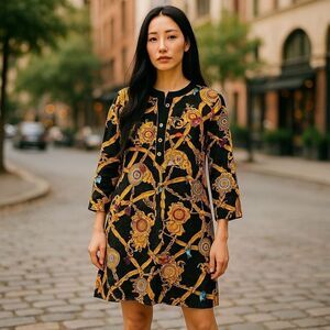 PATRICK 90s Silk Statement Buckle Design Dress Black & Gold Equestrian Glam | 12